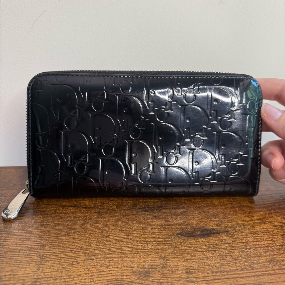 Christian Dior Trotter Oblique Enamel Patent Leather Zip Around Long Wallet